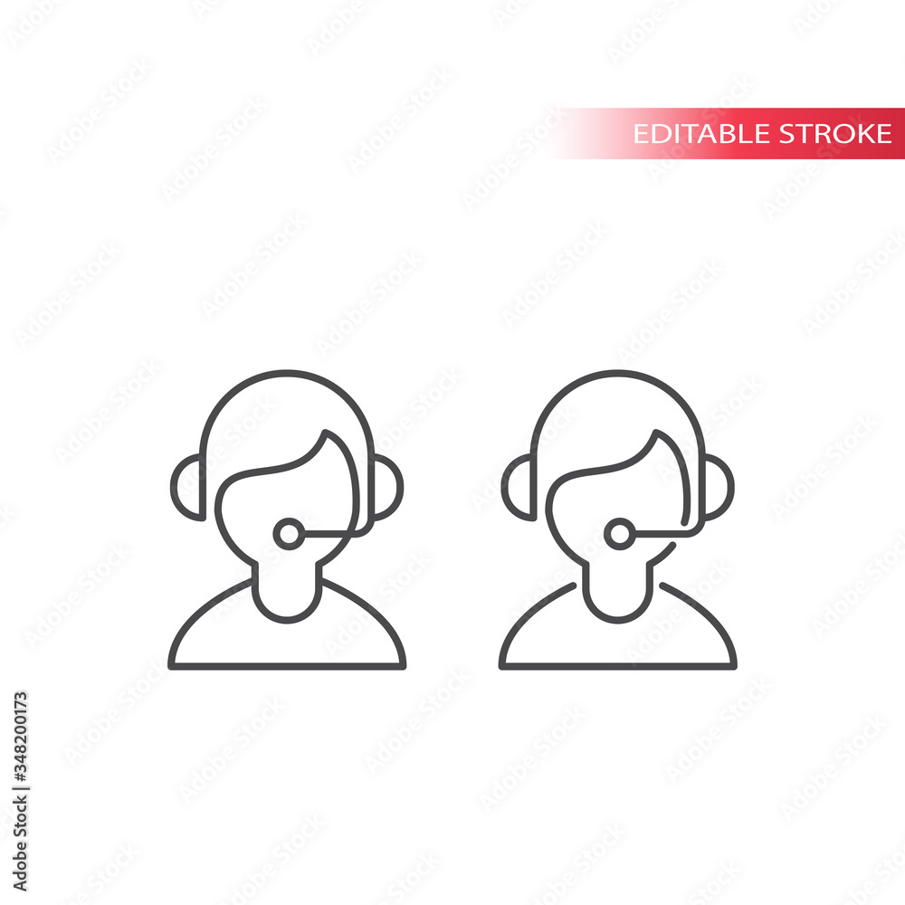 Call center operator, online support assistance with headset and mic thin line vector icon. Editable stroke. Call center operator, online support assistance with headset and mic thin line vector icon. Editable stroke.
