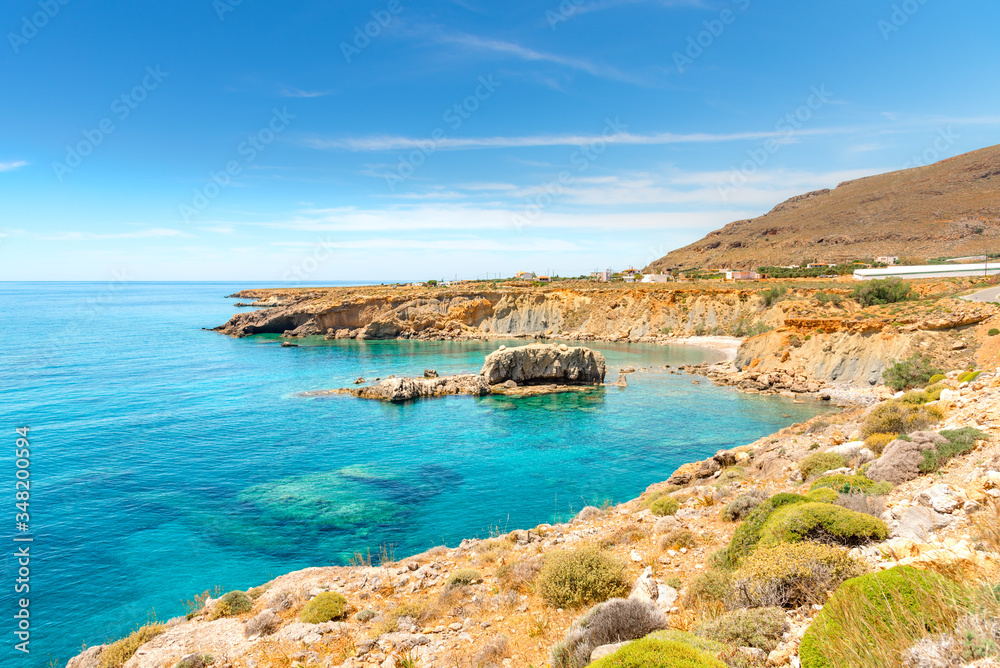 Famous sandy beach of Kalo Nero near Makris Gialos, Crete, Greece.