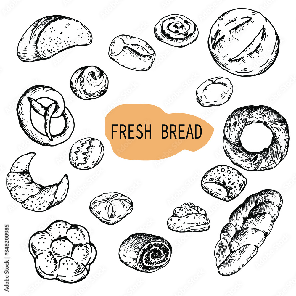 bread, buns, fresh, set, black and white, vector illustration bread, buns, fresh, set, black and white, vector illustration