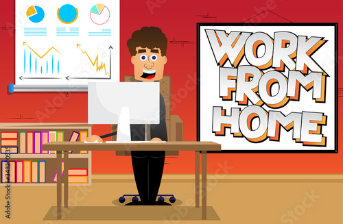 Man working in his home office. Cartoon vector illustration. Businessman staying and working from home.