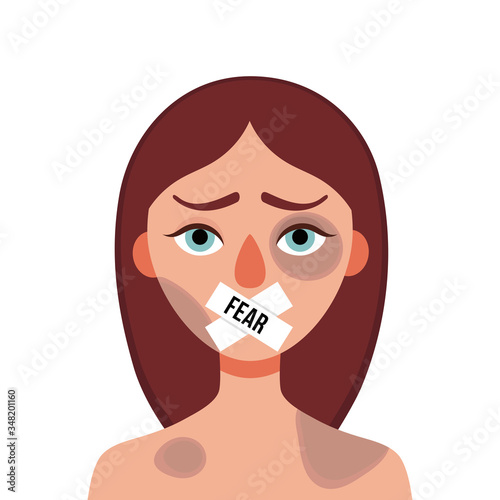 Sad young woman with bruises and wounds with a closed mouth on a white background.Concept of domestic violence, sexual abuse in the family, bullying, silence and fear .Vector cartoon illustration