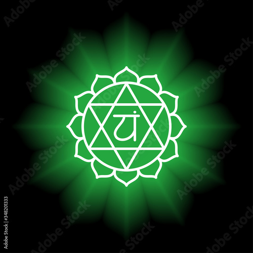 Anahata icon. The fourth heart chakra. Vector green gloss and shine. Line symbol. Sacral sign. Meditation