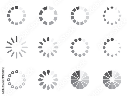 Download progress indicator set. Round load icon. Vector illustration of download or upload status icon. Collection of buffering progress circle bar. Design elements for application, internet, web.
