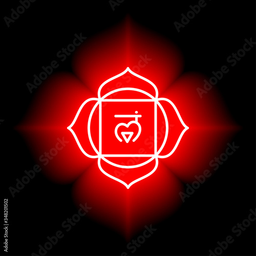 Muladhara icon. The first root chakra. Vector red gloss and shine. Line symbol. Sacral sign. Meditation