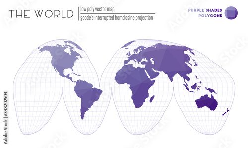 Polygonal world map. Goode's interrupted homolosine projection of the world. Purple Shades colored polygons. Stylish vector illustration.