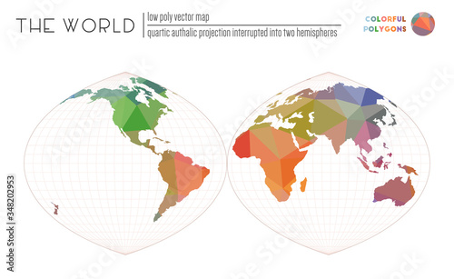 Polygonal map of the world. Quartic authalic projection interrupted into two hemispheres of the world. Colorful polygons. Creative vector illustration.