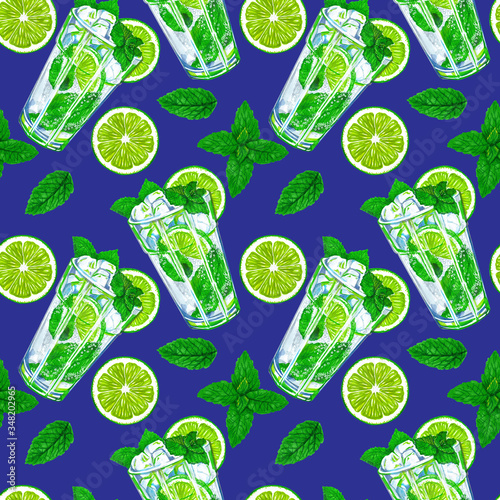 Mojito cocktail with lime and mint on a blue background. Summer seamless pattern design for wallpaper, paper, textile, fabric.