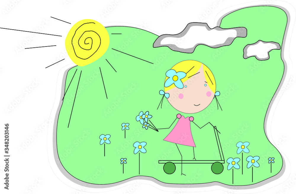 Cute little girl on the scooter vector character illustration