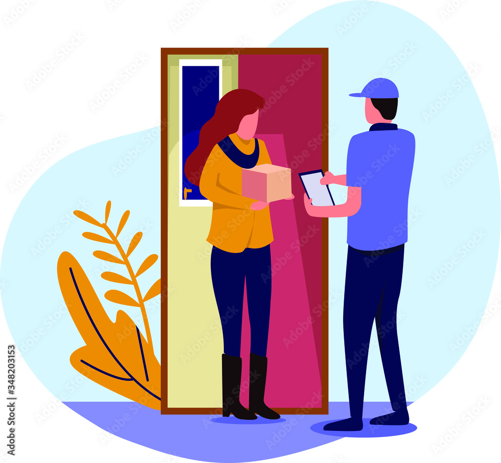 Deliverers at the door of the house deliver package boxes to women at home. Modern flat style vector illustration design with a white background for a website or landing page