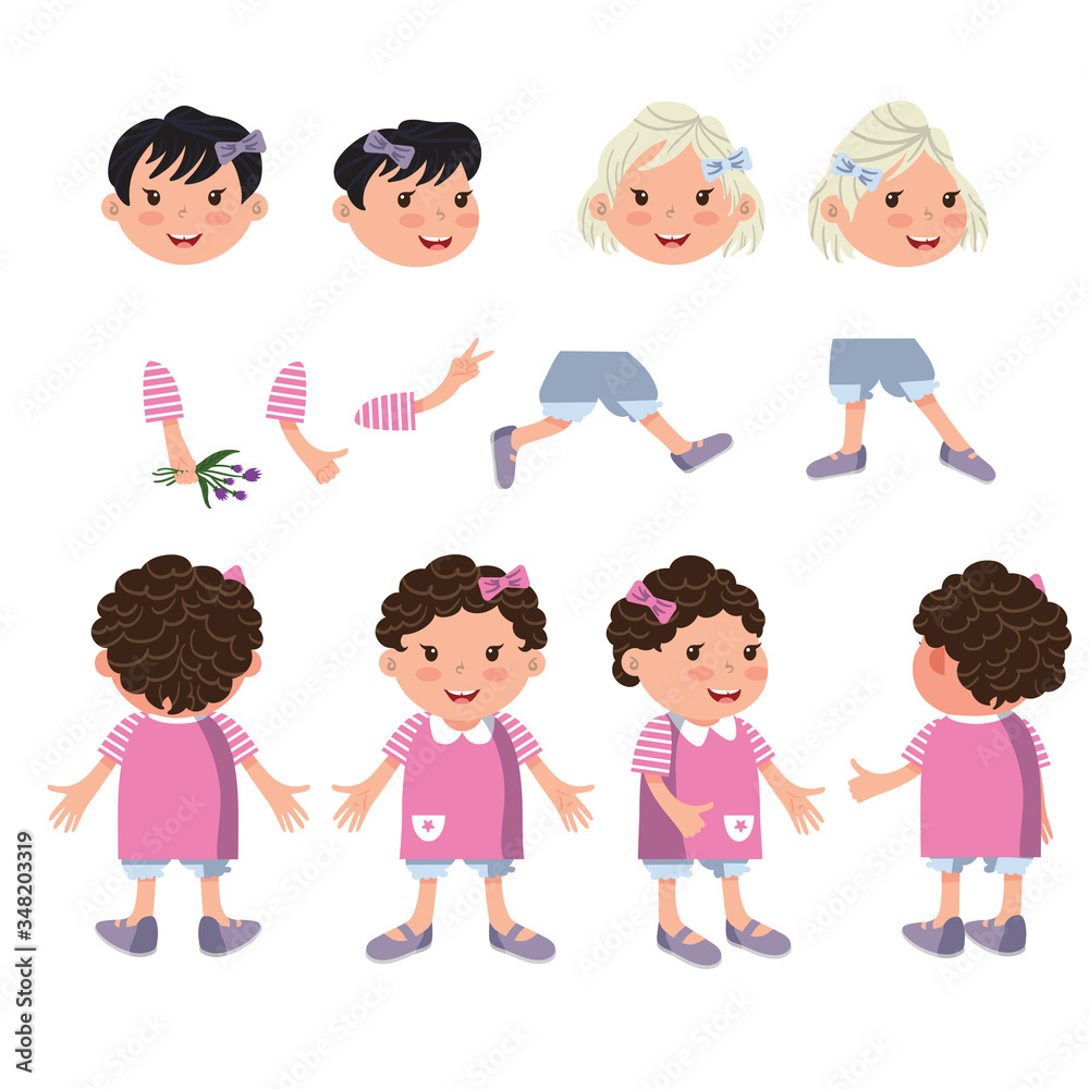 Little girls character set with different poses, gestures. Animation constructor, front, back and side view. Can be used for topics like childhood, daughter, kid Little girls character set with different poses, gestures. Animation constructor, front, back and side view. Can be used for topics like childhood, daughter, kid