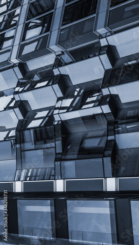 The facade.
Blue cyanotype dystopian picture of a massive building in a futuristic megalopolis floating in the air.