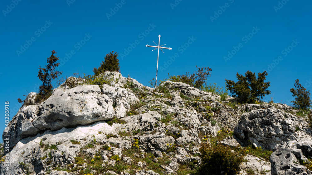 Fototapeta premium View of the Sokolich Mountains Reserve and rock stones in Olsztyn. A free space for an inscription
