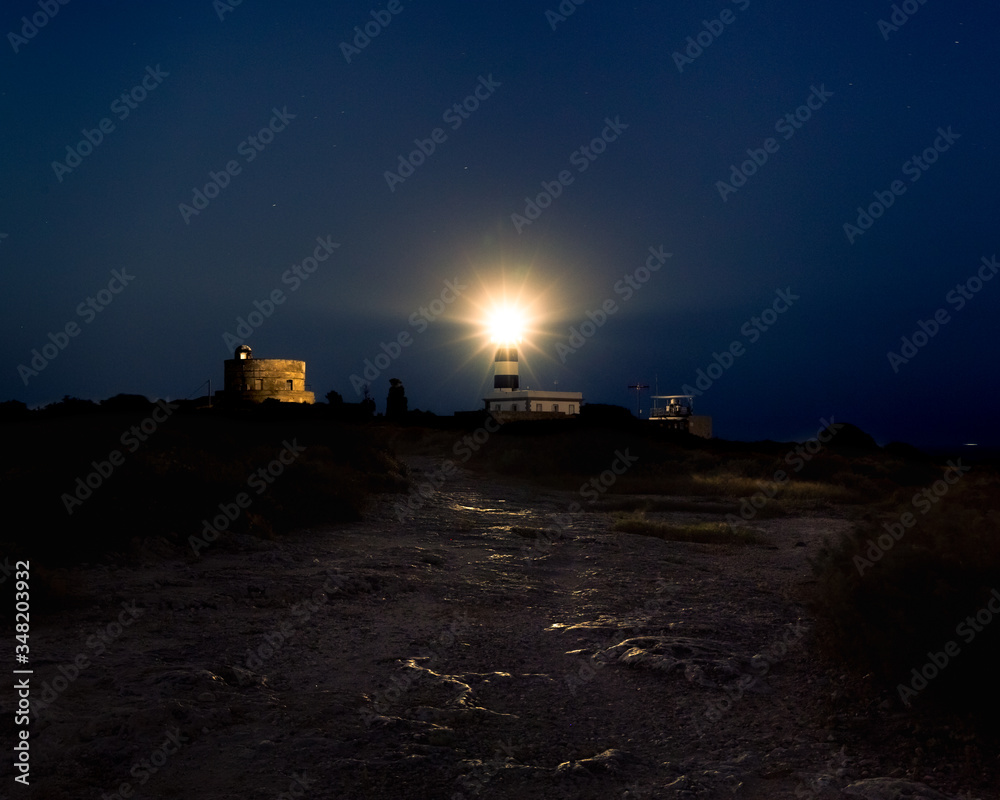 Long exposure night landscape view of the lighthouse in Calamosca hill