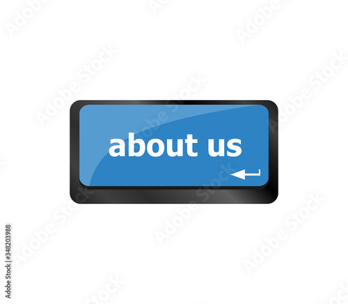 Marketing concept. computer keyboard with word About Us, selected focus on enter button background