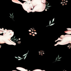Crédence de cuisine Lapin patrons Cute baby rabbit animal seamless Easter pattern pussy-willow, forest bunny illustration for children clothing. Nursery Wallpaper background Woodland watercolor Hand drawn image for cases design,   © kris_art