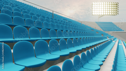 3D Rendering of large soccer stadium during twilight with pack of crowd and green smooth grass field. empty seat. Restart season. Lockdown sport. coming soon, cancelled, restart season