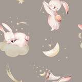 Cute baby rabbit animal dream illustration comet with gold stars in night sky, forest bunny illustration for children clothing. Nursery Wallpaper poster Woodland watercolor 