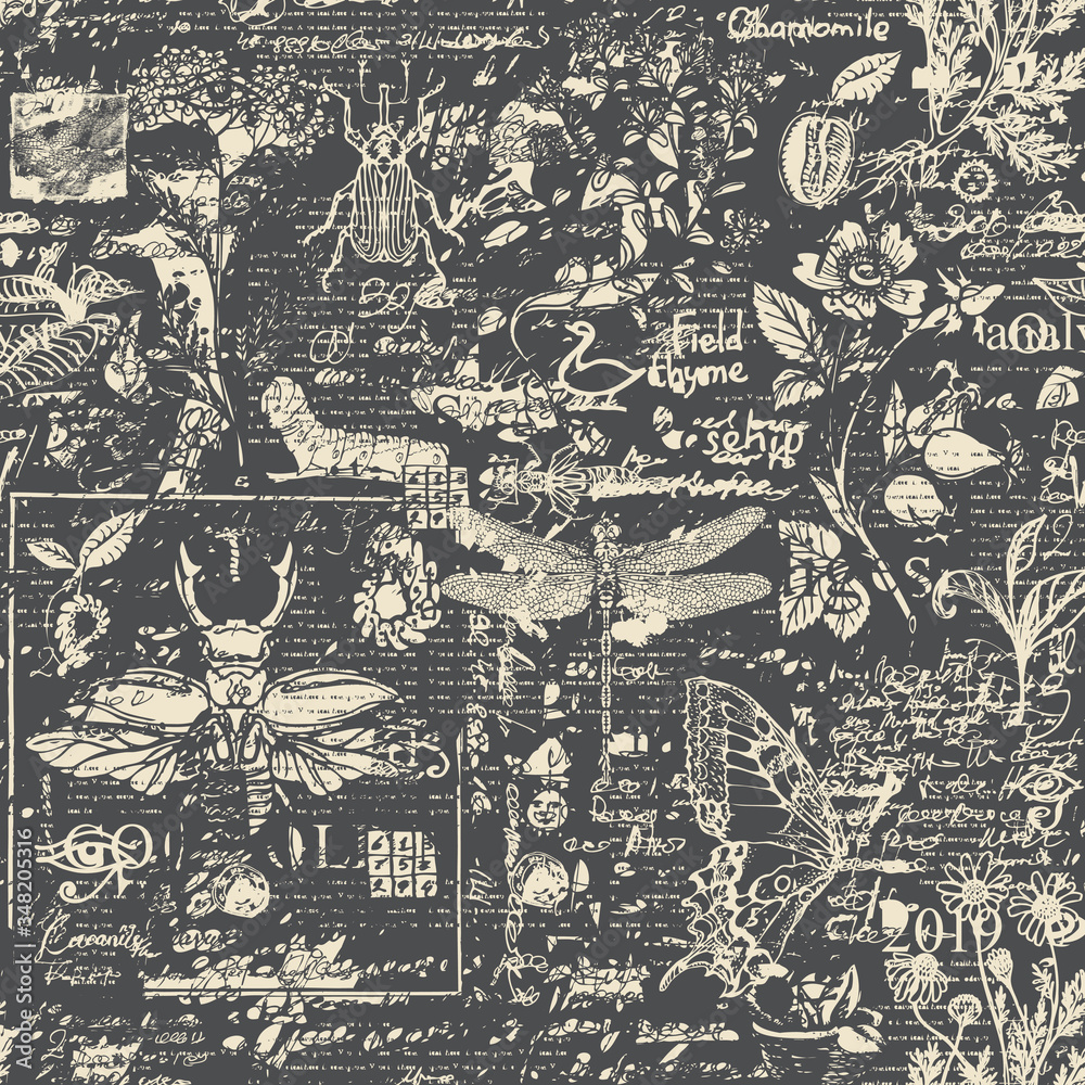Fototapeta premium Vector seamless pattern with insects and herbs in retro style. Abstract monochrome background with sketches, illegible scribbles and typescript on the dark backdrop. Wallpaper, wrapping paper, fabric