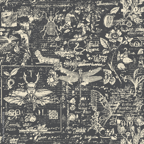 Vector seamless pattern with insects and herbs in retro style. Abstract monochrome background with sketches, illegible scribbles and typescript on the dark backdrop. Wallpaper, wrapping paper, fabric