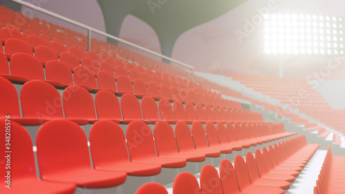 3D Rendering of large soccer stadium during twilight with pack of crowd and green smooth grass field. empty seat. Restart season. Lockdown sport. coming soon, cancelled, restart season, empty red seat