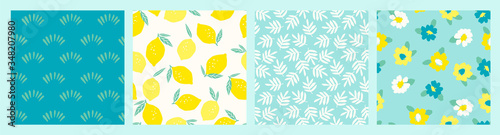 Artistic set of seamless patterns with abstract flowers and lemons.