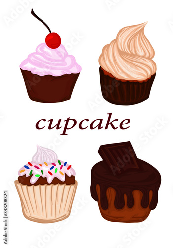 muffin cupcake set with chocolate icing cream cherry sweets dessert confectionery delicacy background vector illustration banner holiday element baking icon isolate
