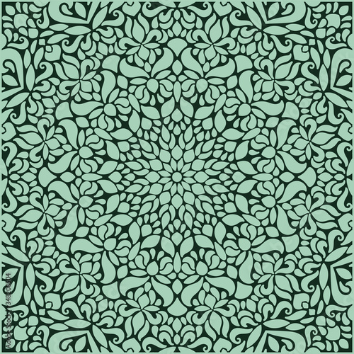 Green pattern, decorative, abstract, symmetrical pattern in the form of a square. Suitable for curtains, wallpaper, fabric, tile, wrapping paper.
