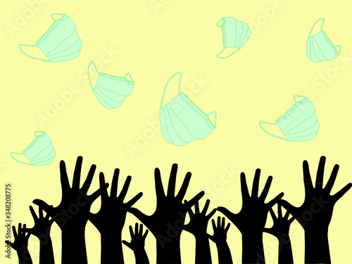 Surgical face mask falling from the upward with  many silhouette hands raise up. Medical needed. People want mask.  Mask not enough for everyone. Healthcare concept Illustration vector.