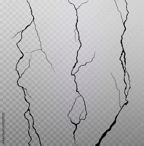 Wall cracks on transparent checkered background. Vector illustration.