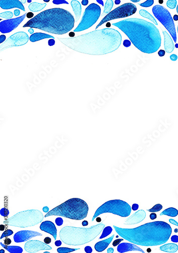 Abstract blue water drop shape watercolor hand painting frame background.