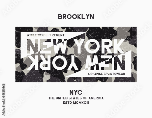 T-shirt design with camouflage texture for New York city. Brooklyn typography graphic for tee shirt with camo in military and army style. Vector.