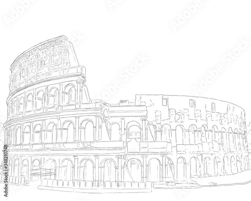 Line art illustration of Colosseum. Black and white sketch style. Free style