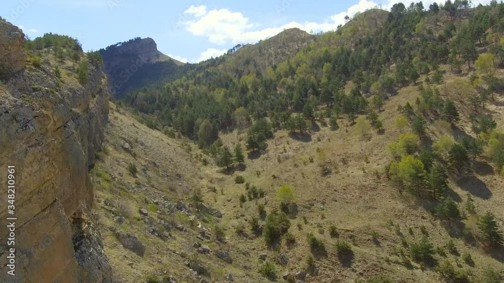 The drone is flying over a cliff. A quadrocopter between two hills. Between two mountains. Green grass, trees, meadow and steppe. The drone is flying over a cliff. A quadrocopter between two hills. Between two mountains. Green grass, trees, meadow and steppe.