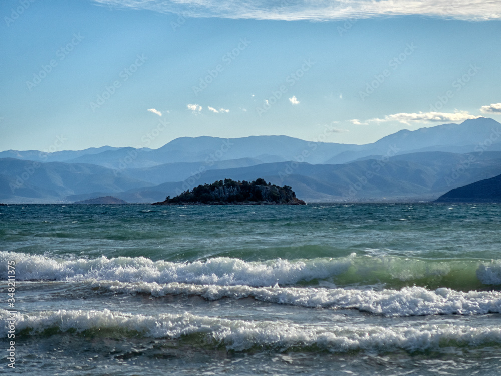 the picturesque surroundings of the Peloponnese peninsula in Greece. Scenery,  seascape panorama Peloponnese peninsula in Greece, beautiful coast , Mediterranean Sea.