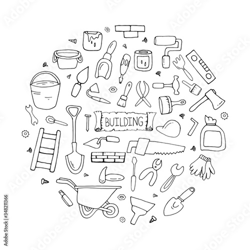 Construction. Building material. Registration of business for repair. Doodle style. Vector isolated illustration with tool kits for repairing buildings, rooms, premises, houses, apartments. 