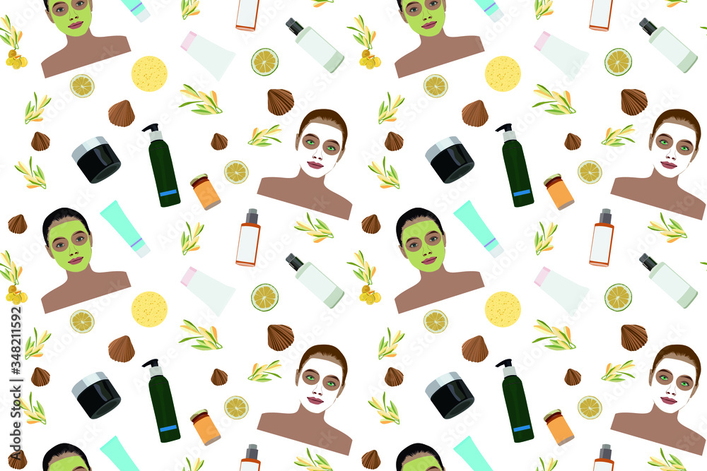 Make up and cosmetic face care products vector character pattern Make up and cosmetic face care products vector character pattern