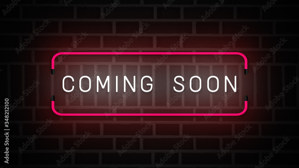 Obraz premium Coming Soon neon sign. white and pink glow. neon text. on brick wall background