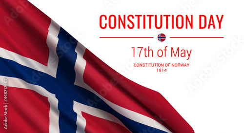 Vector illustration with a realistic flag of Norway and text isolated on white background. Norwegian National Day banner design template. Constitution Day greeting card. 17th of May.