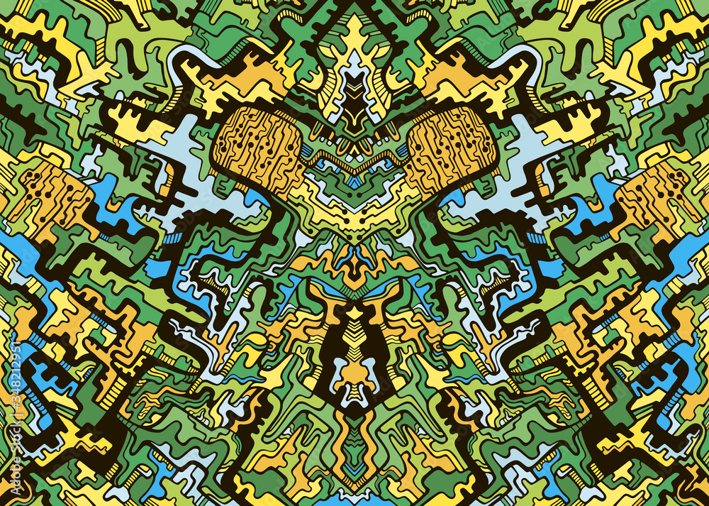 Obraz premium Doodle bright psychedelic abstract background. Vector hand drawn symmetrical illustration