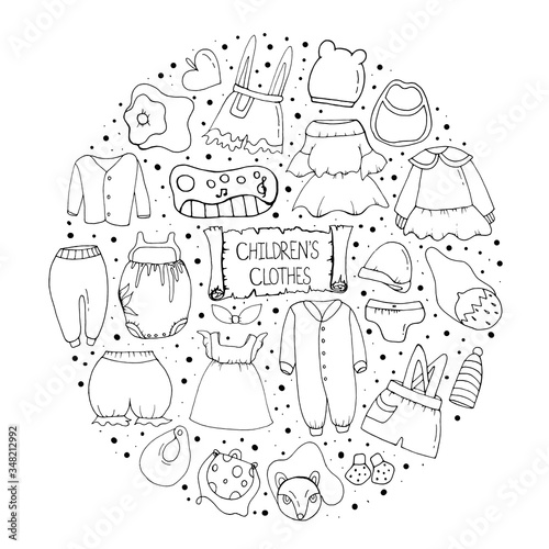 Set with children's clothing.  Doodle style. Printing on postcards, posters. Vector isolated illustration with booties, sweatshirts, dresses, shorts, hats, children's bags, toys on a white background.