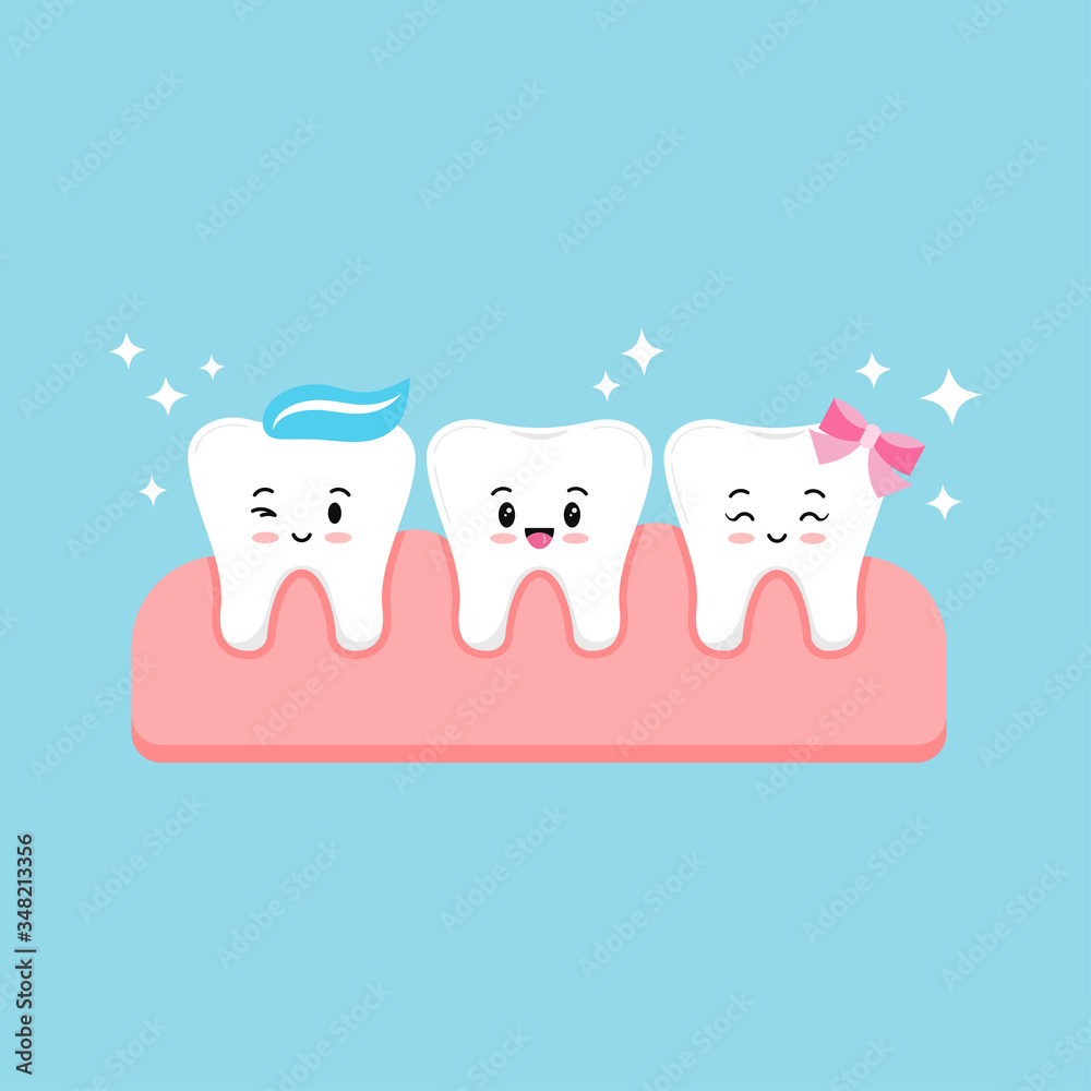 Cute white tooth boys and girl in gum emoji vector set isolated on blue background. Cute white tooth boys and girl in gum emoji vector set isolated on blue background.