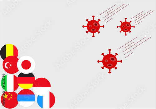 Illustration of Coronavirus Covid-19 outbreak attacks almost all countries in the world. dangerous pandemic cases as a concept of a pandemic medical health risk with body cell disease