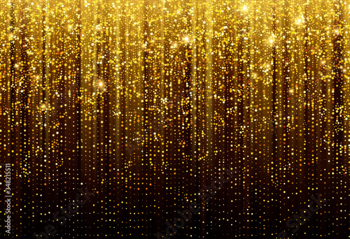 Black Background with falling golden sparkles glitter. Background for decoration festive design. Vector illustration