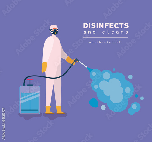 Man spraying with protective suit gloves and bottle vector design