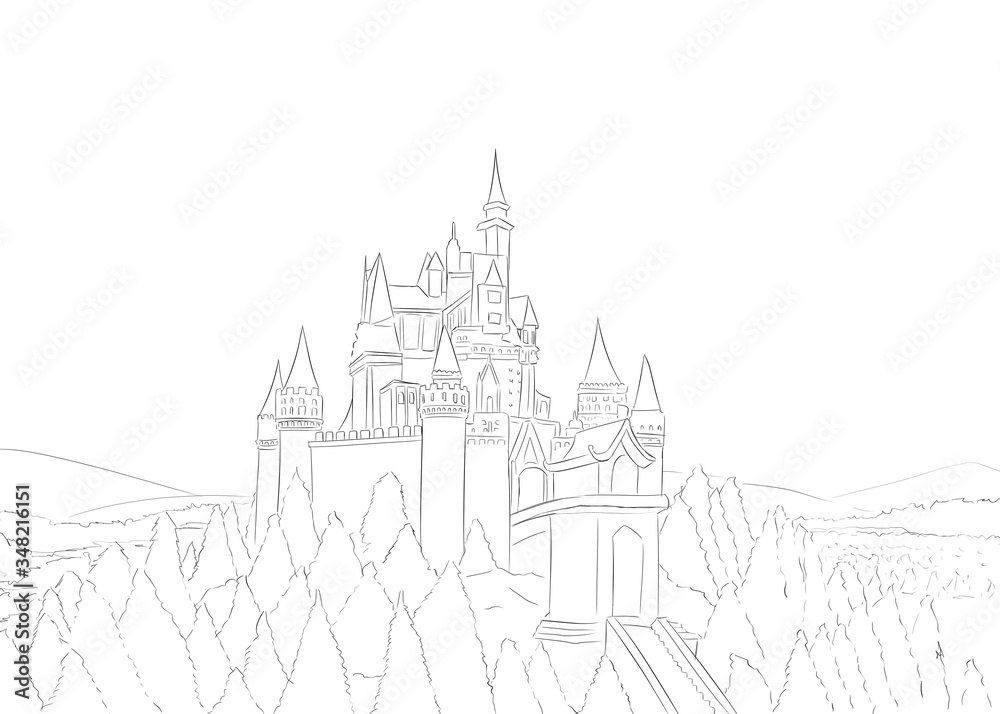 Castle on the hill. Hand drawn line art illustration