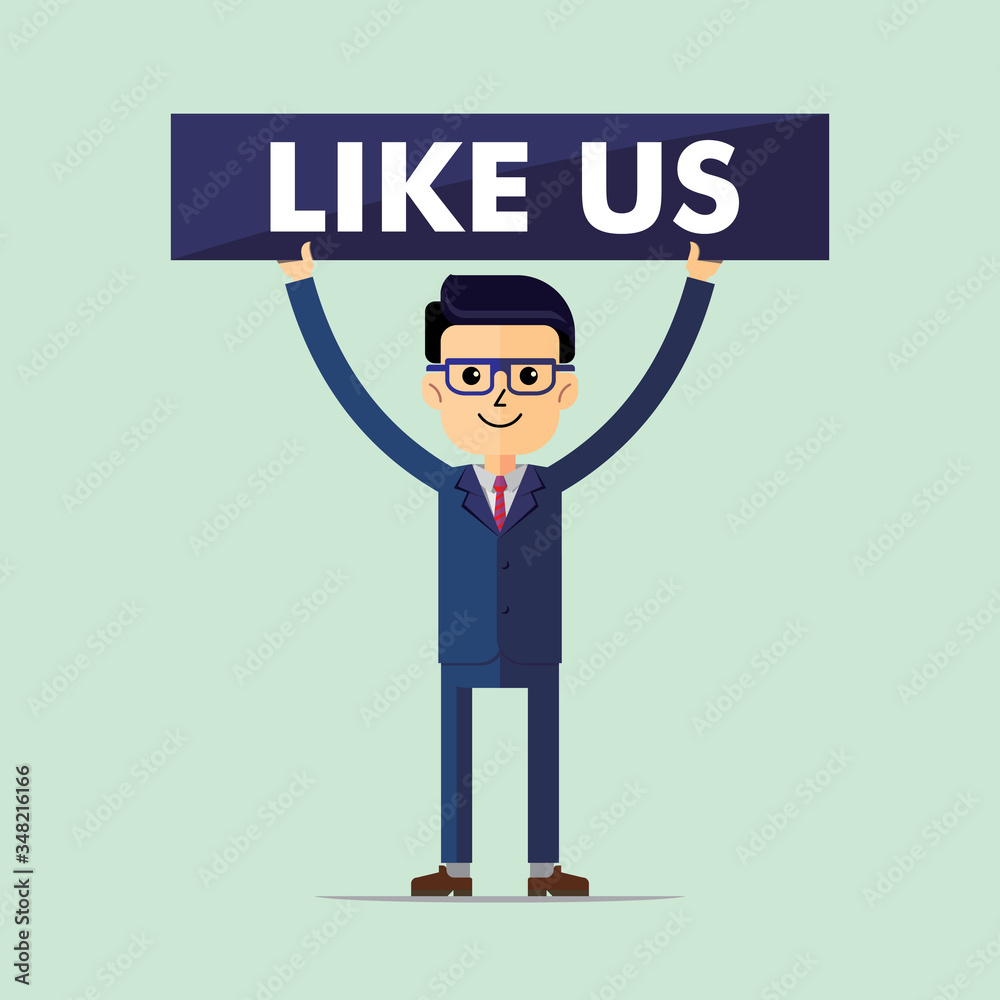 A cool businessman character with board that says like us. Graphic asset for office and business activity. A cool businessman character with board that says like us. Graphic asset for office and business activity.