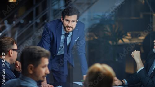 Photography Corporate Meeting Room: Confident and Handsom Executive Director Decisively Lean