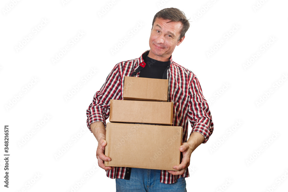 Man is holding three cardboard boxes Man is holding three cardboard boxes