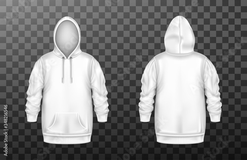 Hoody, white sweatshirt mock up front and back view set. Isolated hoodie with long sleeves, kangaroo muff pocket and drawstrings. Sport, casual or urban clothing fashion, Realistic 3d vector mockup
