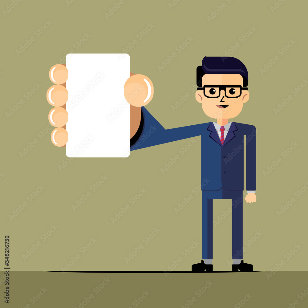 Cool businessman character holding white blank card vertically. Marketing promotion graphic asset.